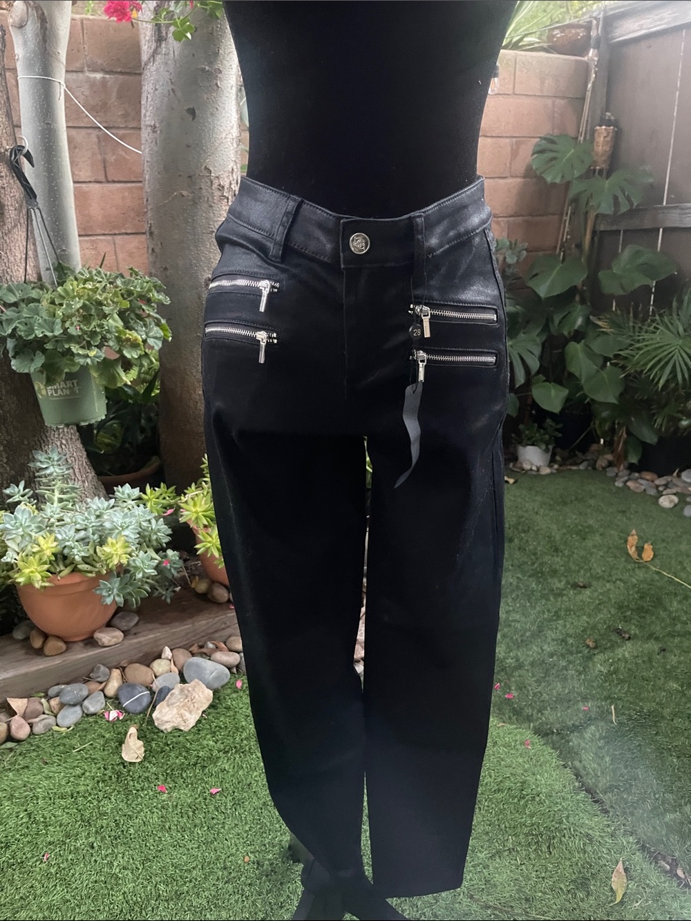 bebe Black Straight-Leg Jeans with Silver Zip Accents